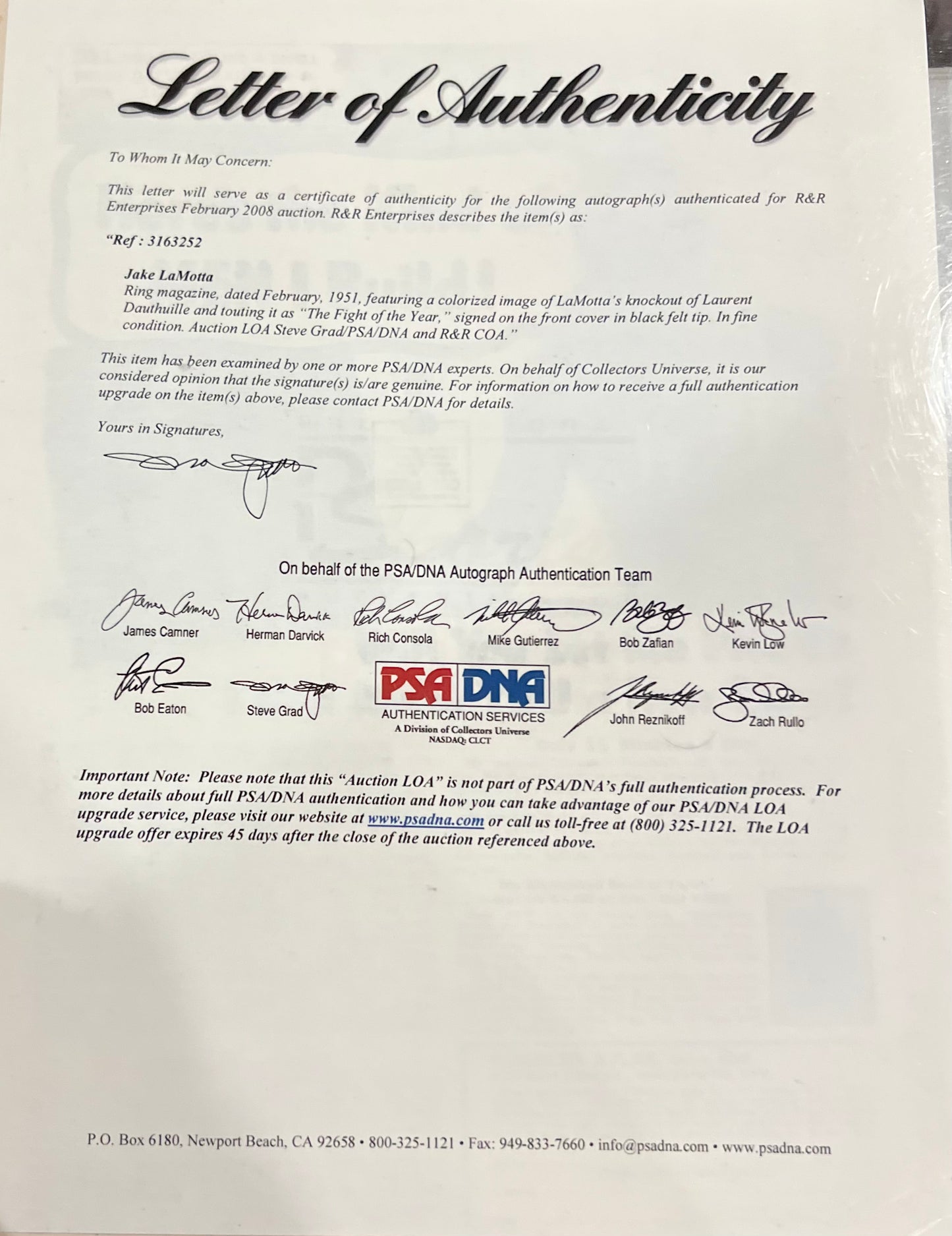 Jake La Motta Hand Signed 1951 Original Ring Magazine PSA-DNA Letter