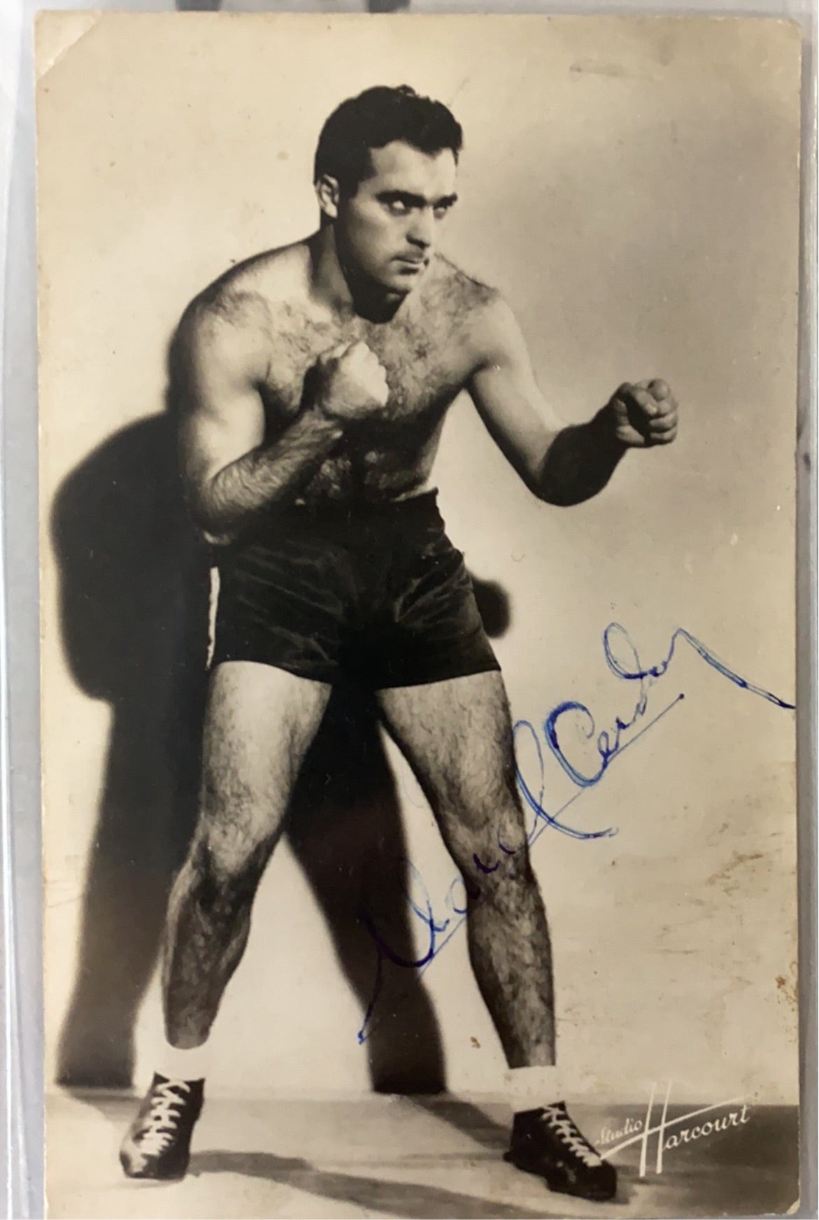 Marcel Cerdan signed fight postcard photo 3x5