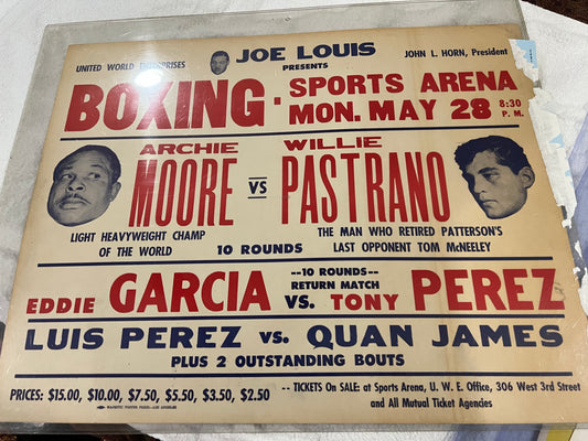 Archie Moore Vs. Willy Pastrano on site poster 1962, 22 x 28 original cardboard on site