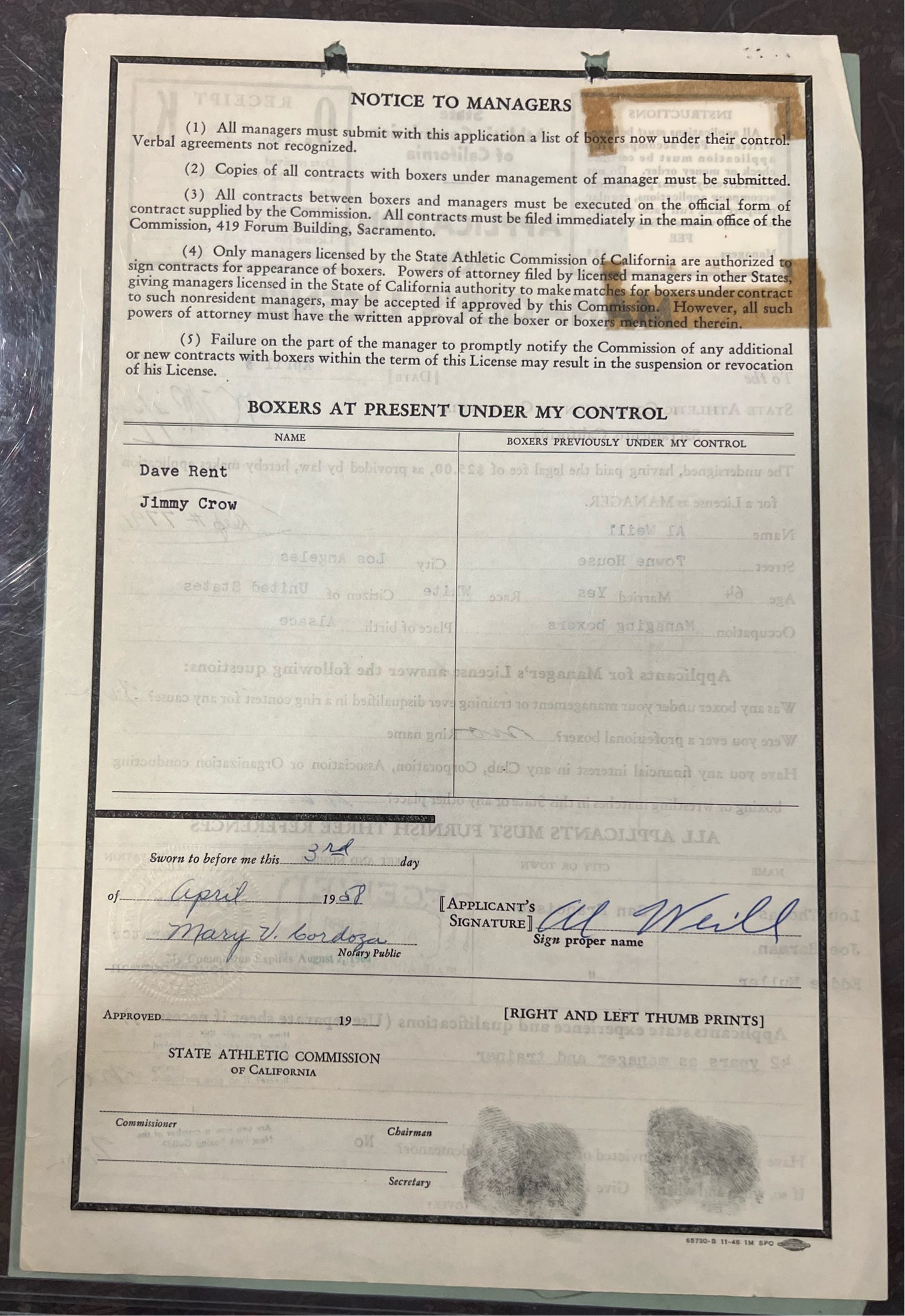 Al Weill signed boxing managers license Rocky Marcianos manager