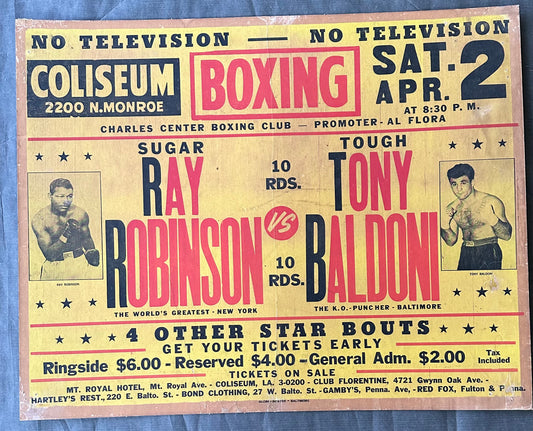Ray Robinson vs Tony baldoni onsite 22x28 poster 1960 rare !!