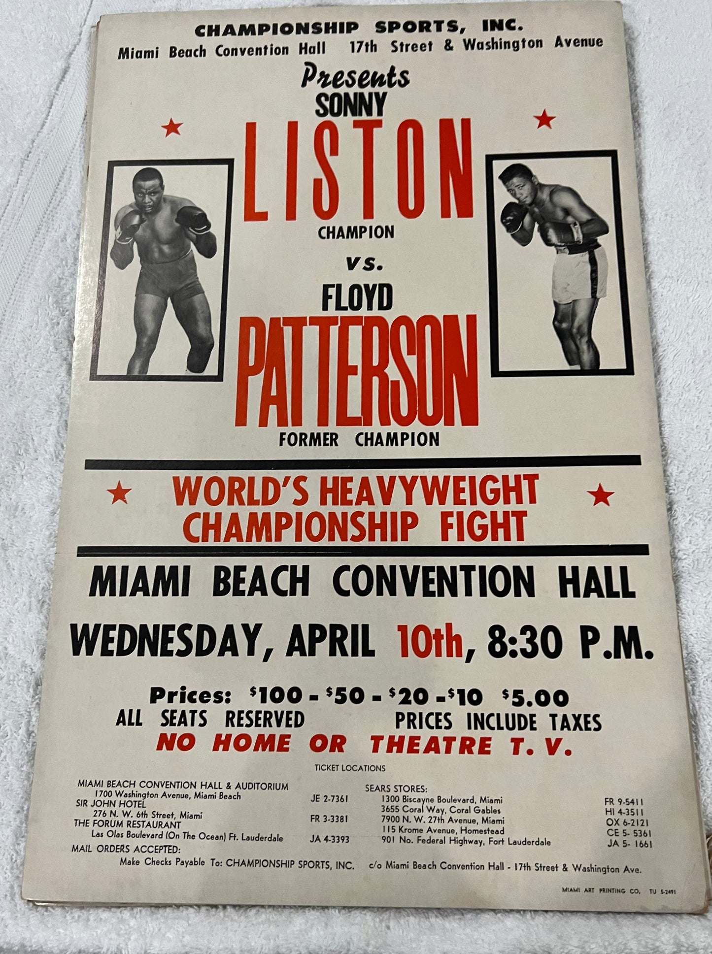 Sonny Liston Vs Floyd Patterson Onsite Poster 1962 Phantom Delayed 14x22 cardboard
