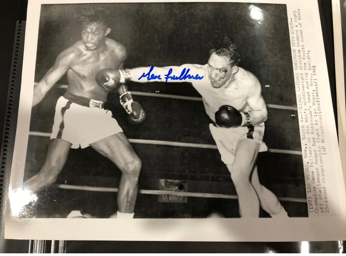 Gene Fullmer Vs. Sugar Ray Robinson original wire photo signed in blue sharpie by Fulmer.