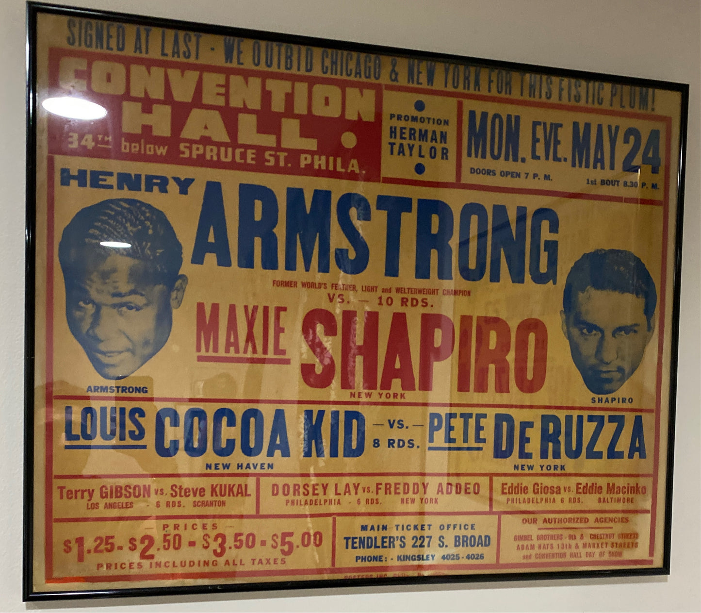 Henry Armstrong VS Maxie Shapiro on-site poster 22x28 1943