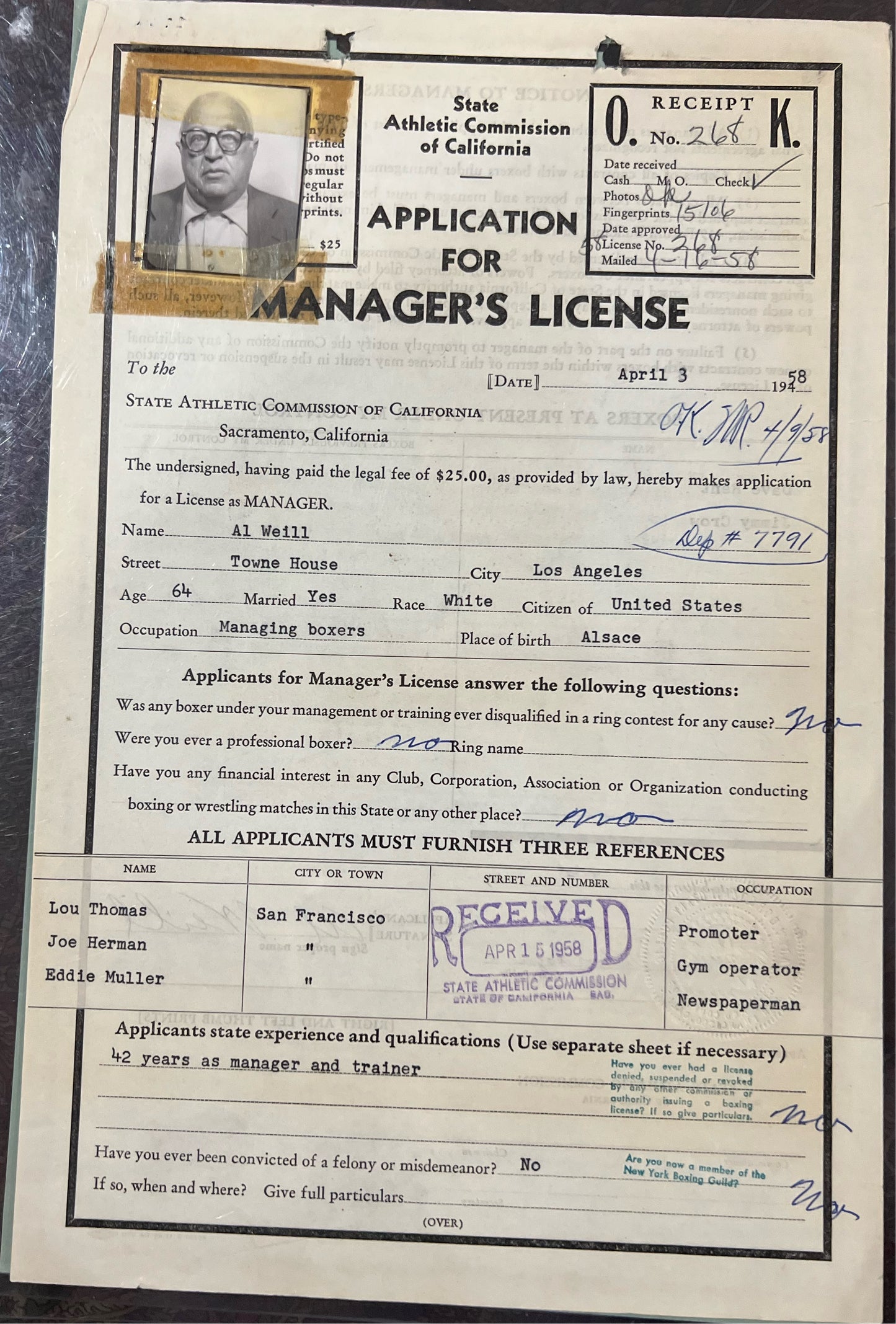 Al Weill signed boxing managers license Rocky Marcianos manager