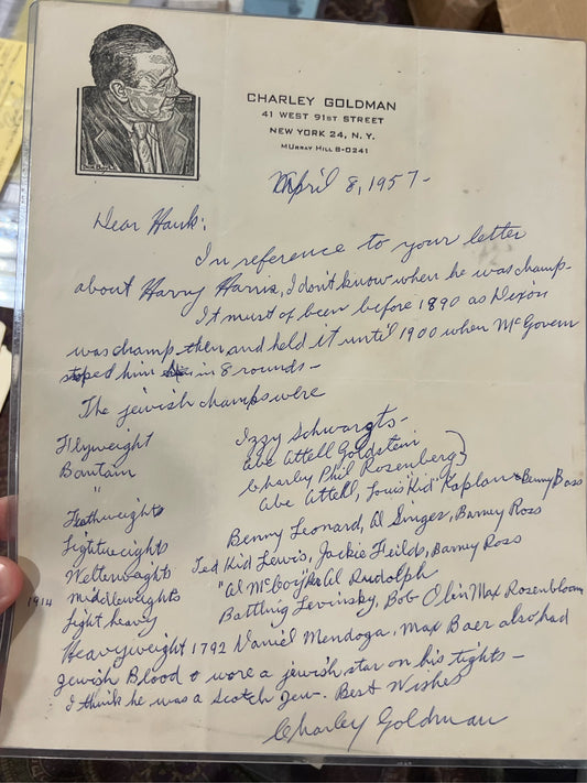 Charley Goldman handwritten and signed letter great content 1957